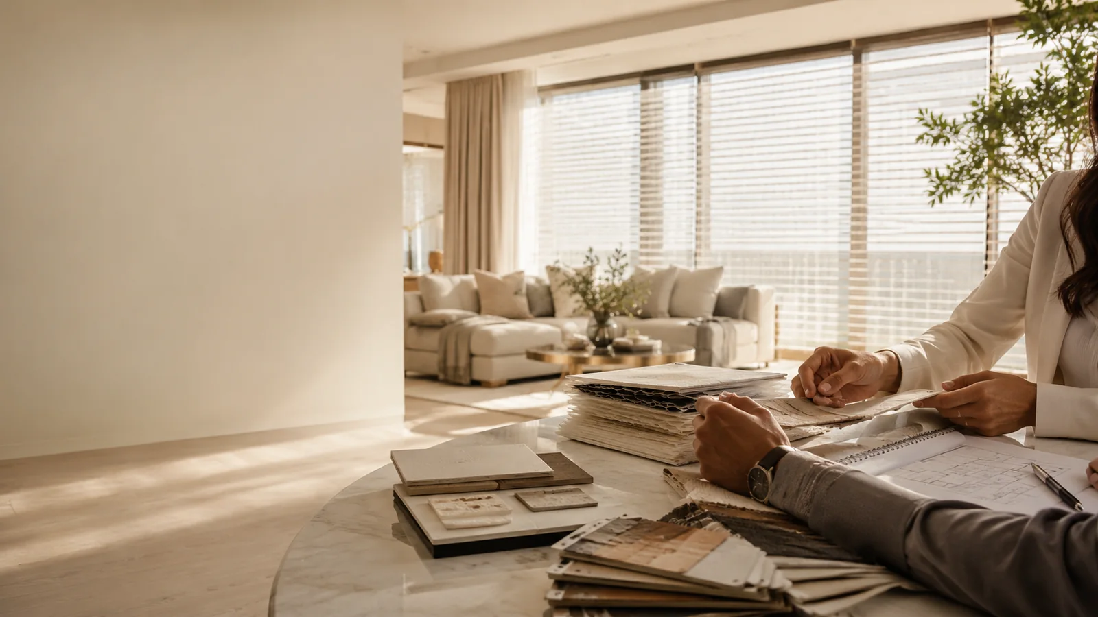 Designer reviewing fabric and material samples with a client at a marble table in a bright modern living room with layered window blinds