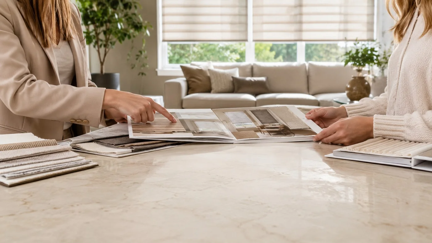 In-home window covering consultation with fabric and blind samples