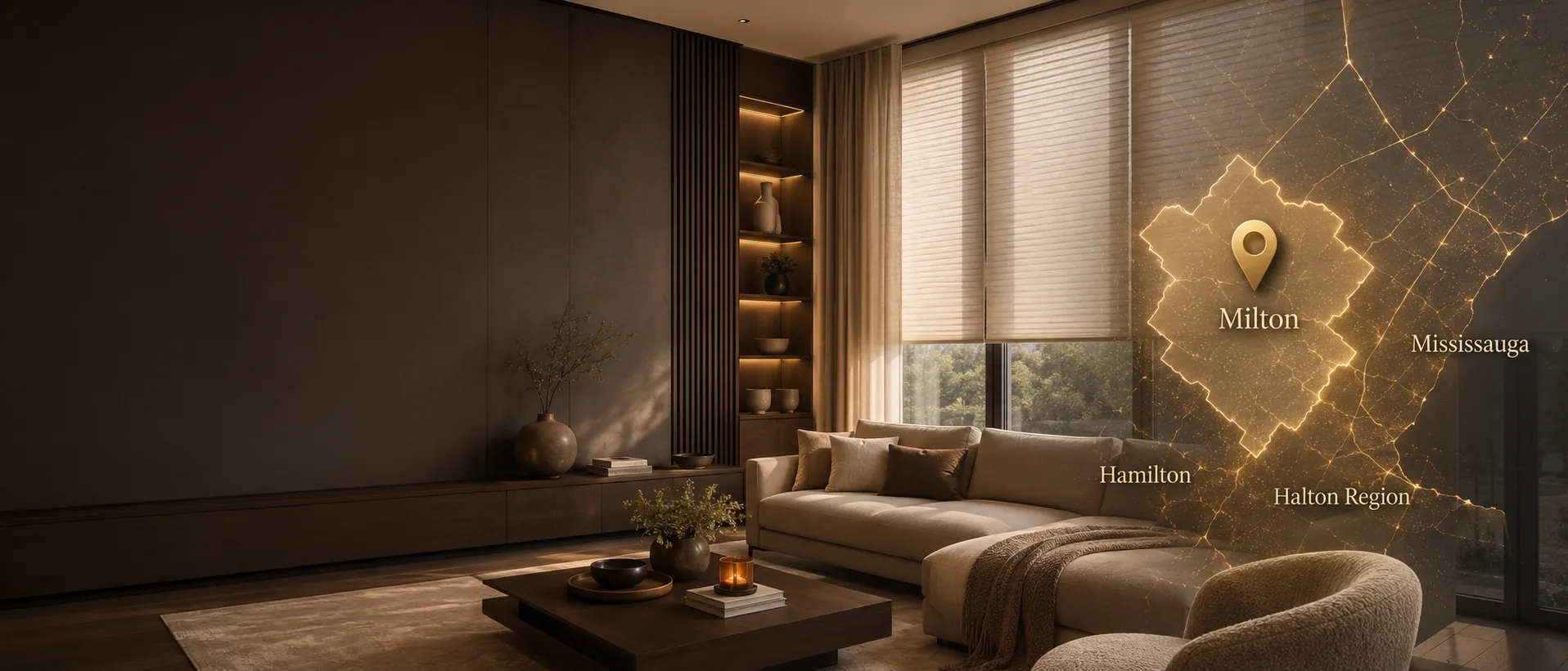 Luxury living room with custom blinds and service areas including Milton, Mississauga, Hamilton and Halton Region
