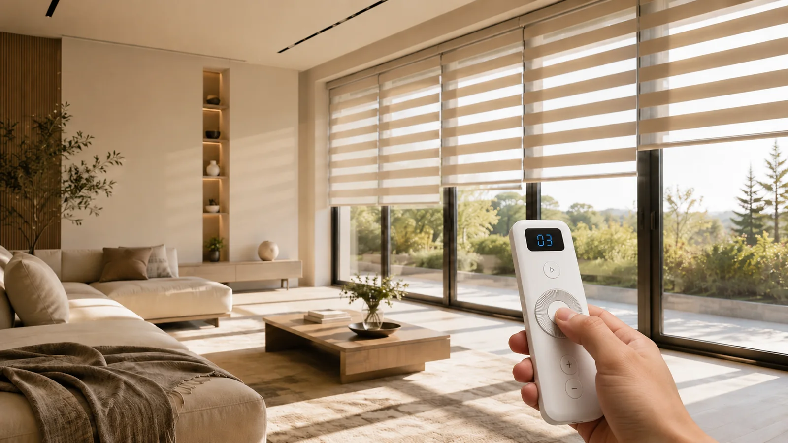Hand operating a remote control for layered motorized shades in a sunlit modern living room