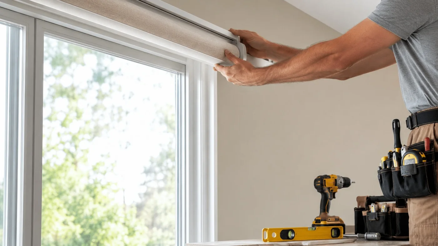 Professional installer fitting a custom roller shade above a window