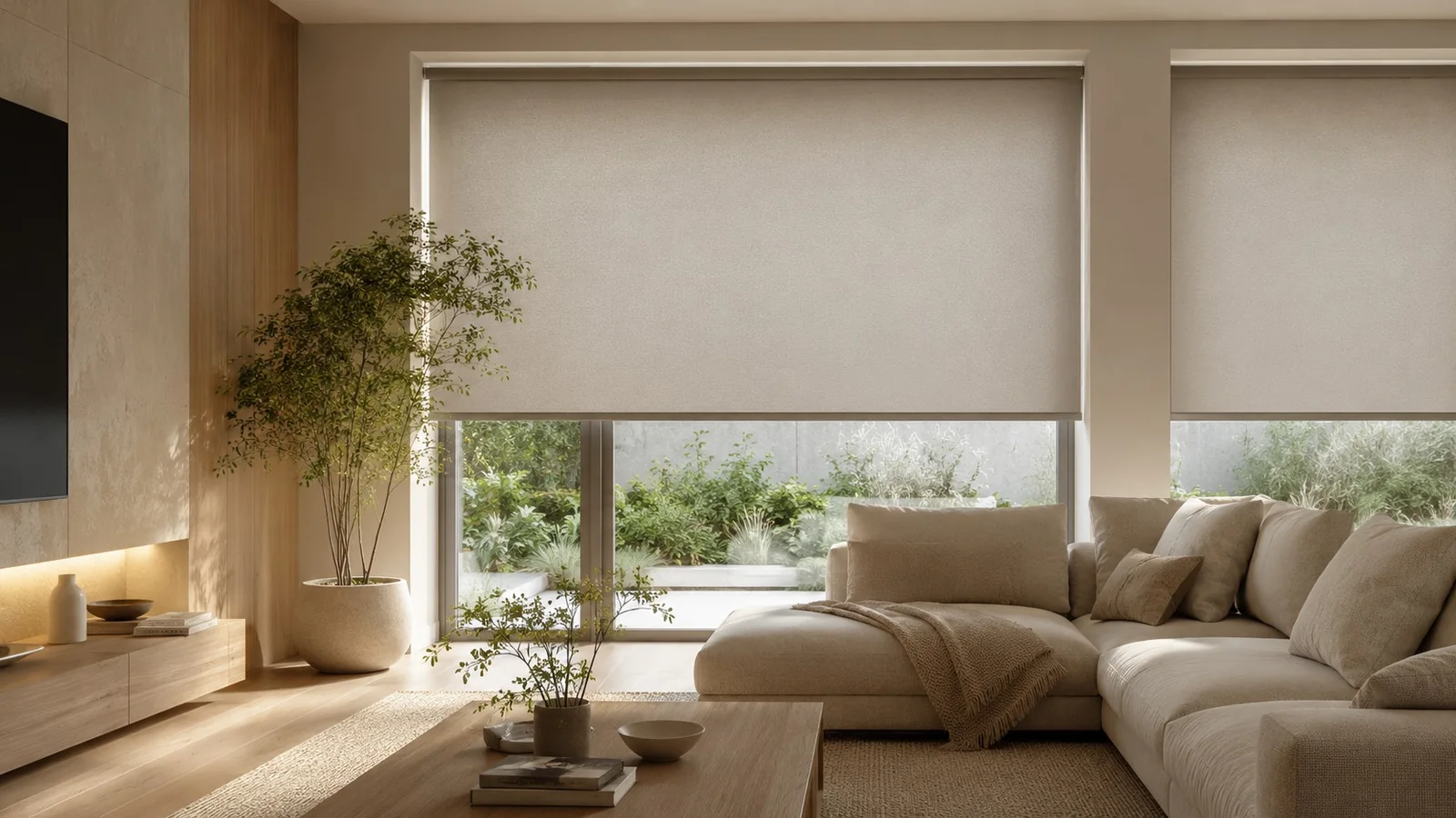 Modern living room with custom neutral roller shades