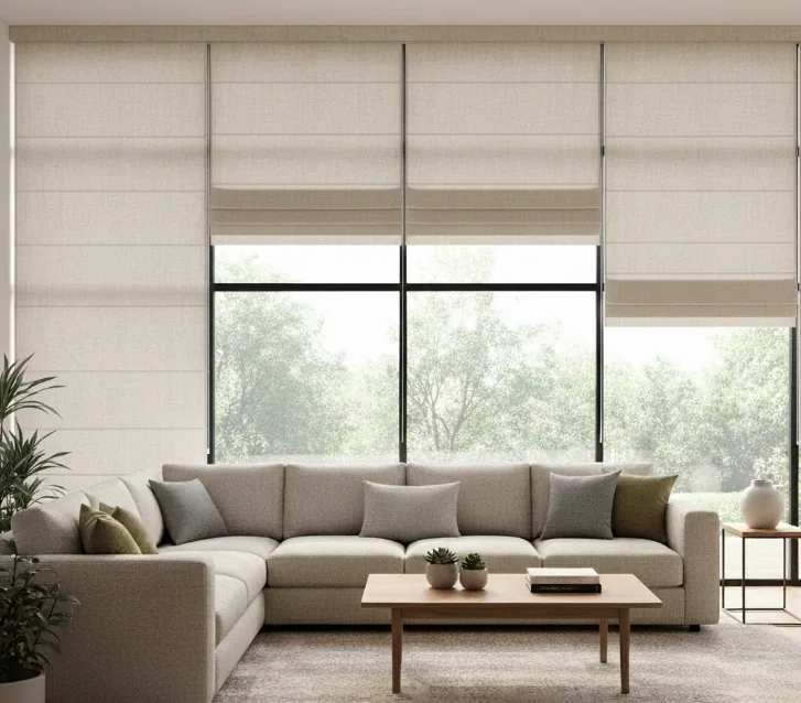 Bright living room with tailored neutral Roman shades