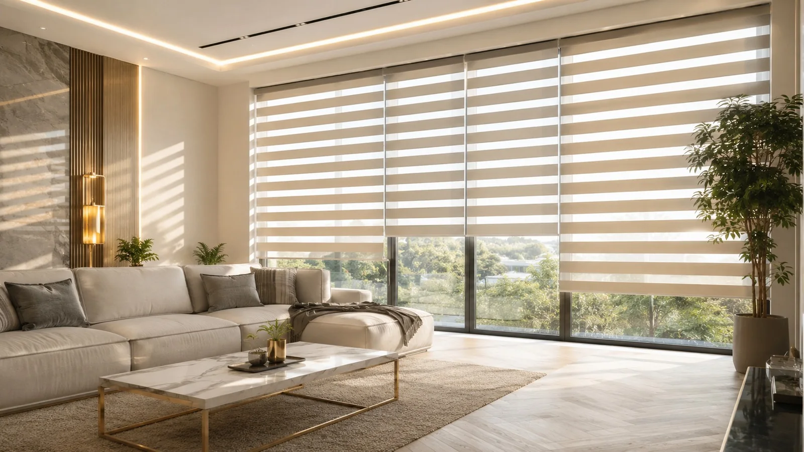 Large modern living room with custom zebra blinds